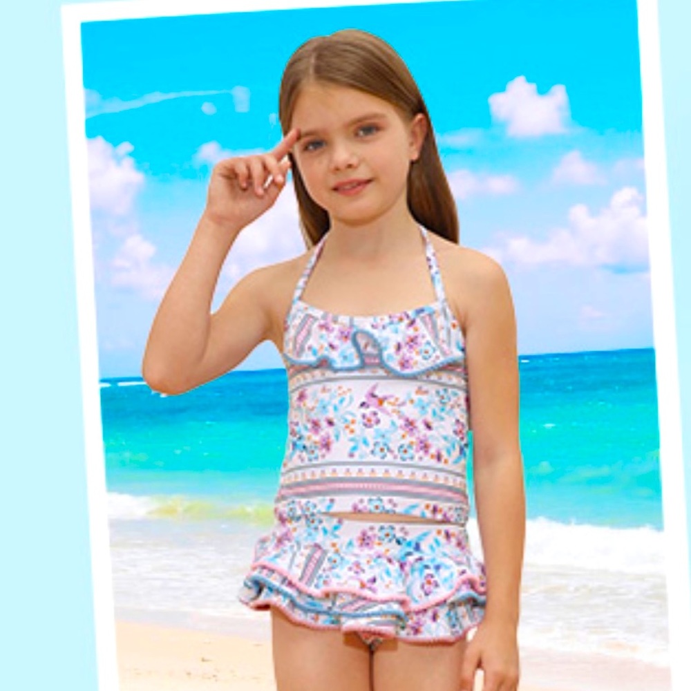 Girls Grace Karin two piece swimsuit blue pink purple floral on white size 12
